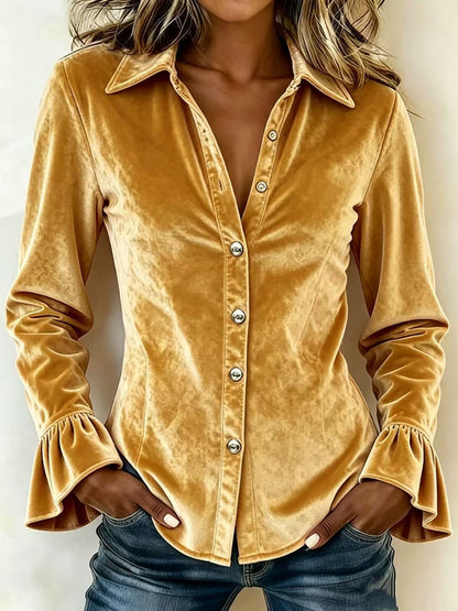 Womens Velvet Flare Sleeve Button Down Collared Blouse