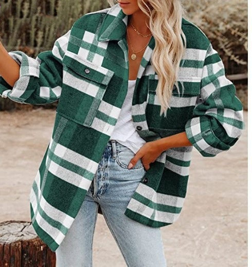 Women’s Plaid Flannel Shacket Oversized Button Jacket