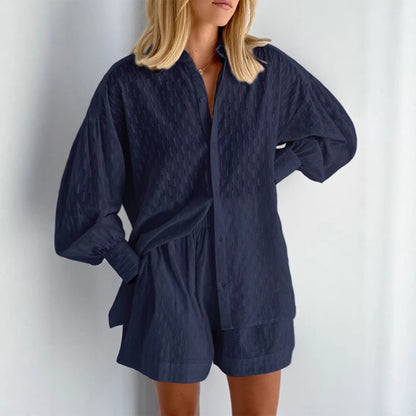 Women Textured Cotton Shirt Shorts Matching Set