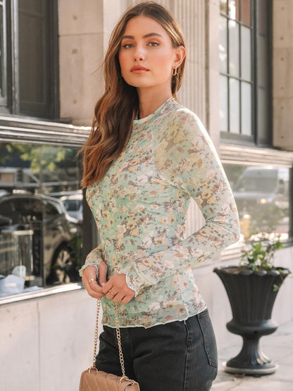 Y2K Mesh Printed Semi-Turtleneck Long Sleeve Top
