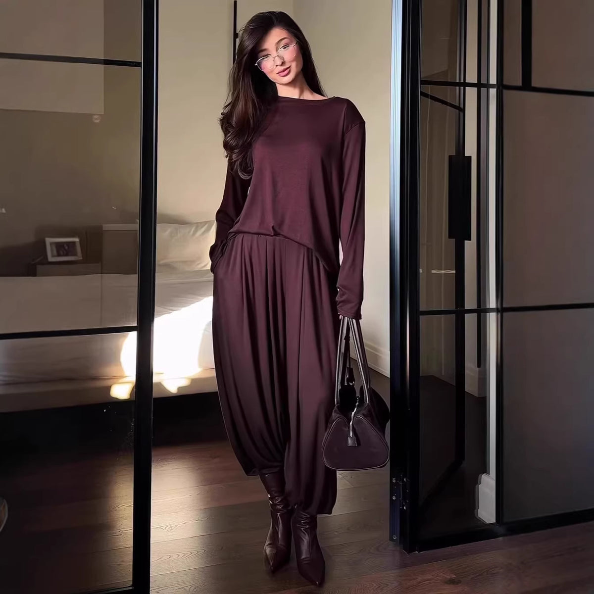 Women's Casual Matching Set Long Sleeve Top Wide Leg Pants
