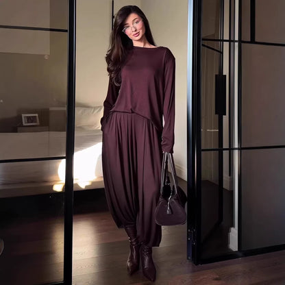 Women's Casual Matching Set Long Sleeve Top Wide Leg Pants