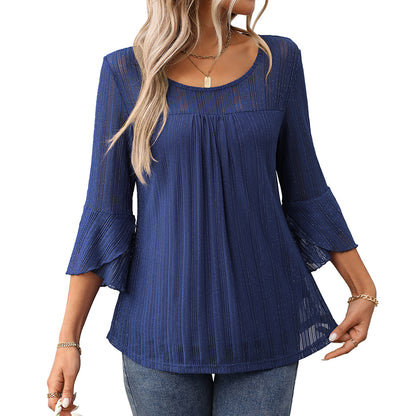 Elegant Round Neck Lotus Leaf Sleeve Mesh Top