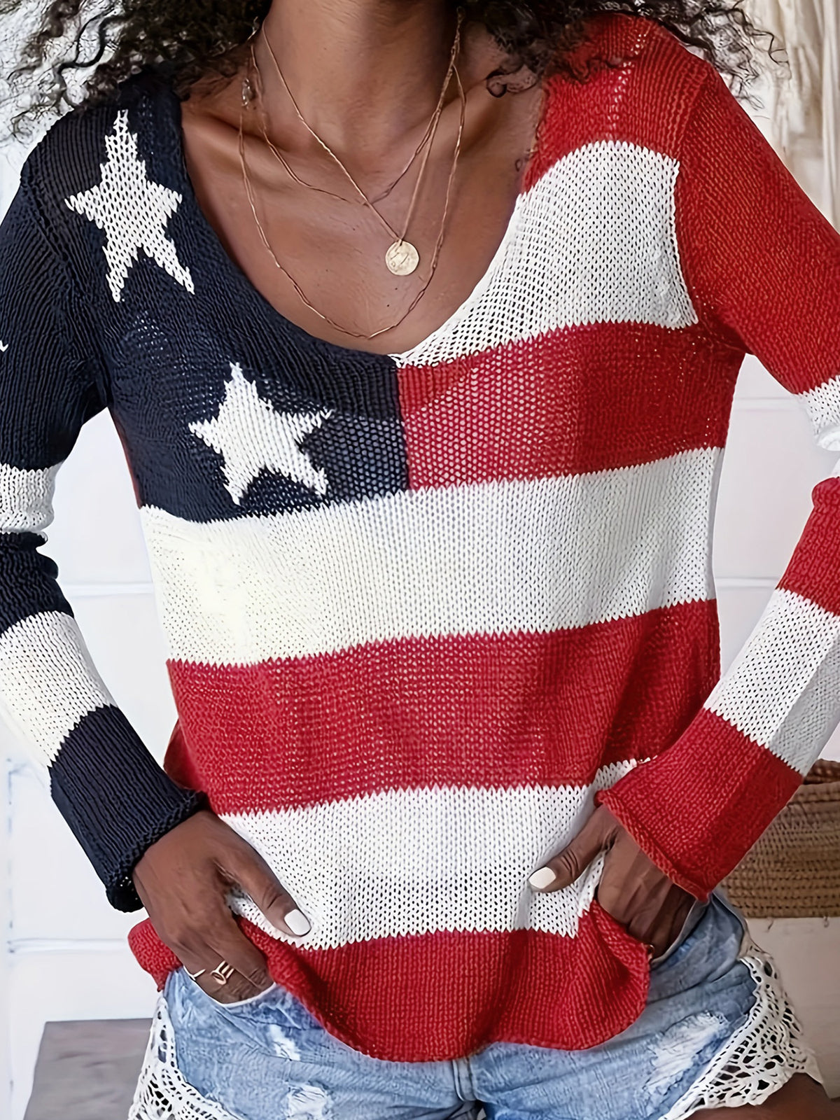 American Flag V-Neck Sweater Women Patriotic Knit Top