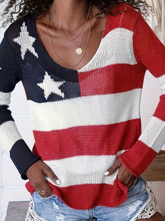 American Flag V-Neck Sweater Women Patriotic Knit Top