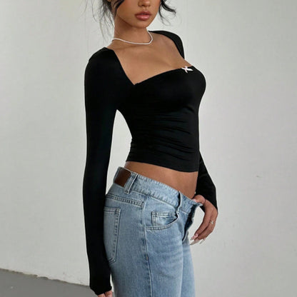 Square Neck Long Sleeve Fitted Top with Bow Detail