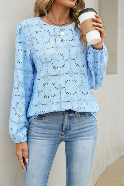 Eyelet Lace Blouse Puff Sleeve Loose Top