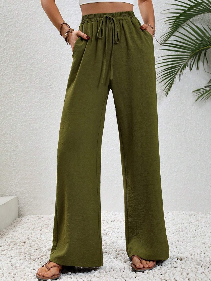 2025 Spring Summer High-Waist Solid Color Wide-Leg Casual Pants