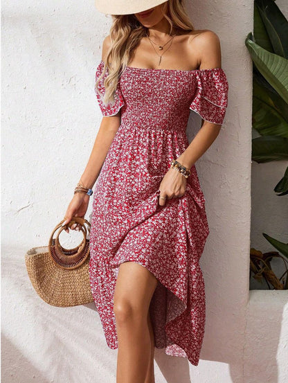 Floral Smocked Square Neck Midi Dress Ruffle Sleeve