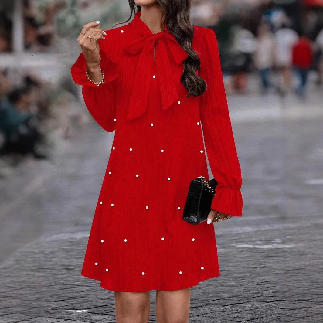 Women's Pearl Beaded Tie Neck Long Sleeve Mini Dress
