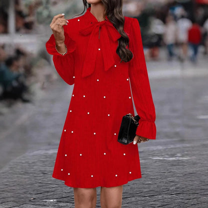 Women's Pearl Beaded Tie Neck Long Sleeve Mini Dress