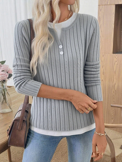 Ribbed Faux Layered Henley Long Sleeve Casual Top