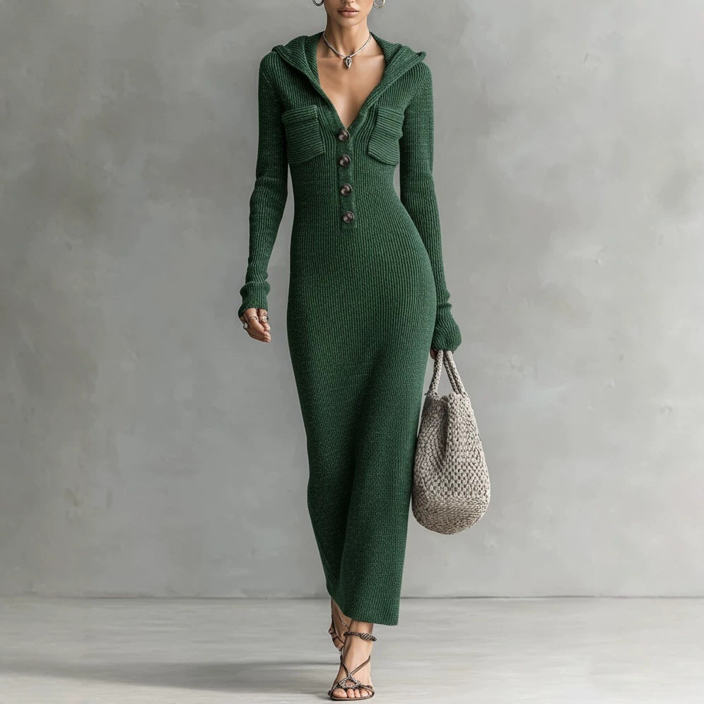 Hooded V Neck Button Front Ribbed Knit Maxi Dress