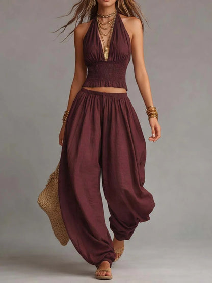Women's Summer Halter Backless Wide Leg Pants Matching Set