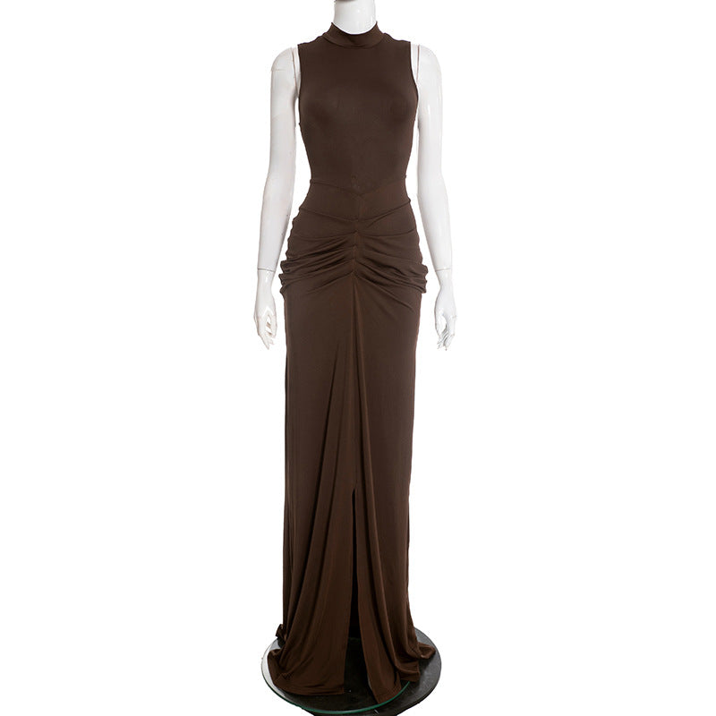 Women's Mock Neck Sleeveless Ruched Bodycon Maxi Dress