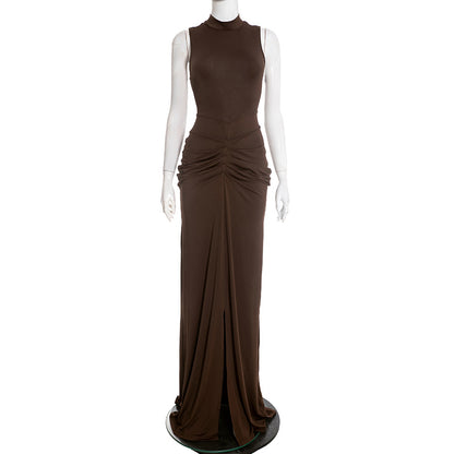Women's Mock Neck Sleeveless Ruched Bodycon Maxi Dress