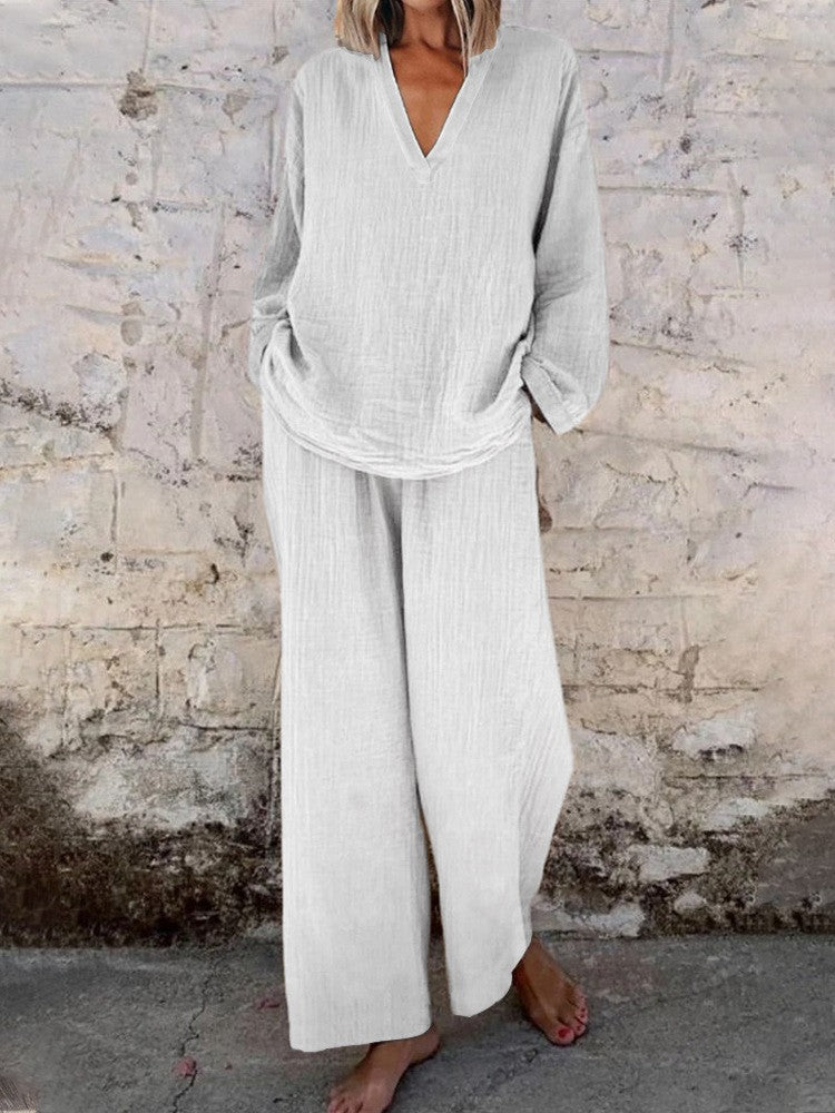 Women's Solid V Neck Wide Leg Pants Casual Two Piece Set