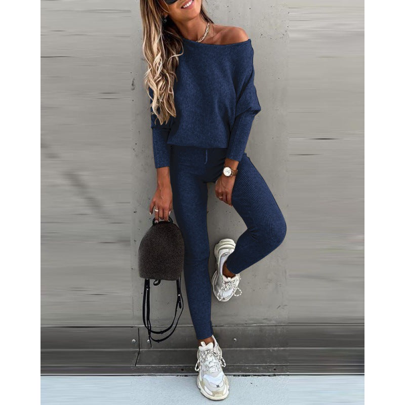 Women's Off Shoulder Ribbed Two Piece Lounge Set