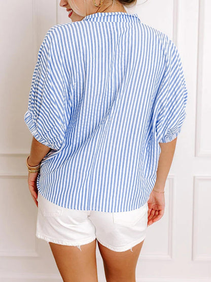 Striped V-Neck Colorblock Blouse Short Sleeve Casual Top