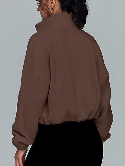 Womens Oversized Fleece Zip Up Jacket Stand Collar Cropped