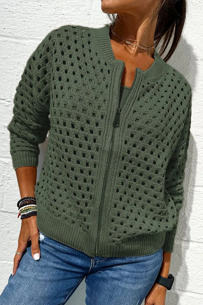 Women's Open Knit Zip Up Cardigan Sweater
