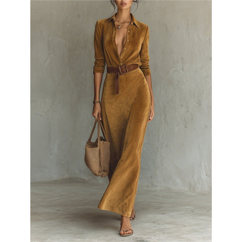 Faux Suede Belted Maxi Shirt Dress Long Sleeve