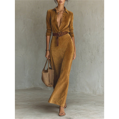 Faux Suede Belted Maxi Shirt Dress Long Sleeve
