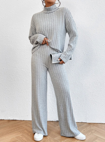 Women's Turtleneck Ribbed Knit Wide Leg Pants Lounge Set
