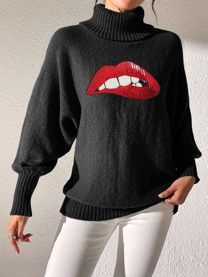 Ladies Bottom Shirt Sequin Embroidered Lip Turtleneck