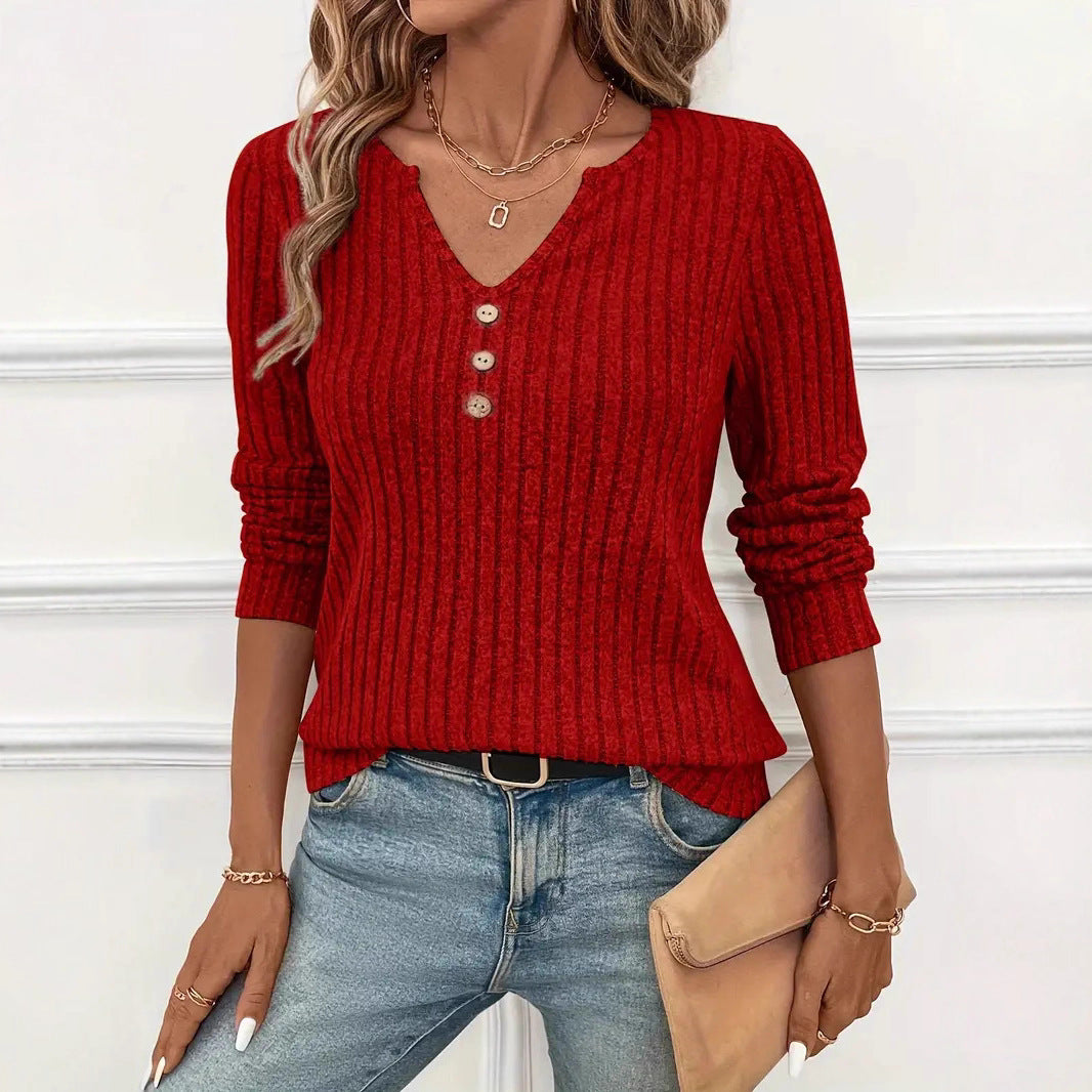 Women's Ribbed Long Sleeve V-Neck Button Casual Top