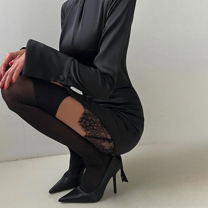 Satin Bell Sleeve Mock Neck Lace Trim Mini Dress