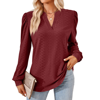 Women's V Neck Puff Sleeve Textured Tunic Top Long Sleeve