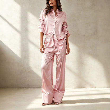 Women's Satin Shirt Wide Leg Pants Two Piece Set