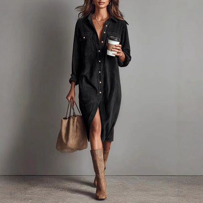 Women's Corduroy Shirt Dress Button Down Midi Long Sleeve