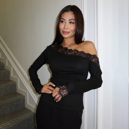 Women's Sexy Lace One Shoulder Long Sleeve Fitted Top