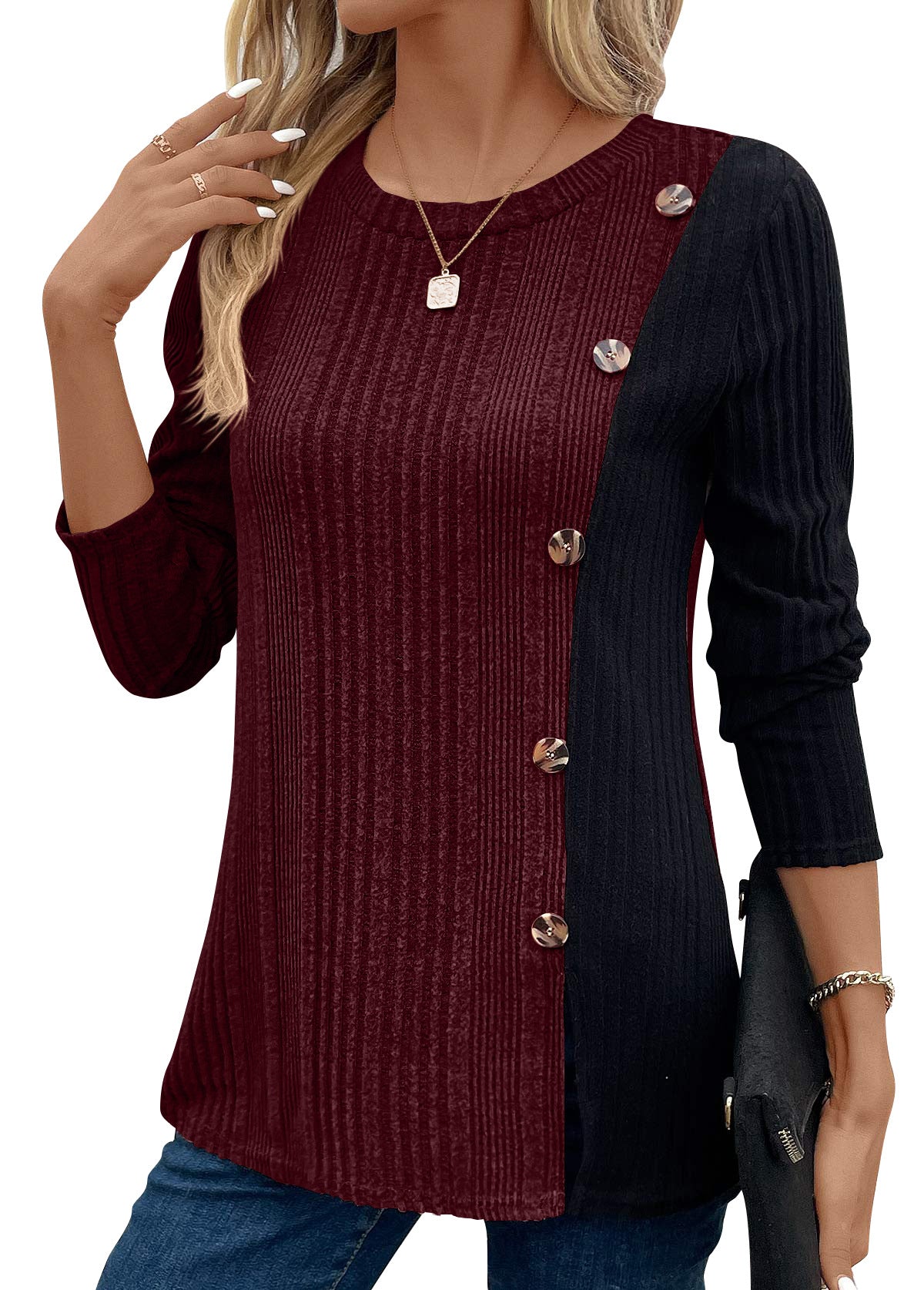 Color Block Button Split Top Casual Long Sleeve Cross-Border