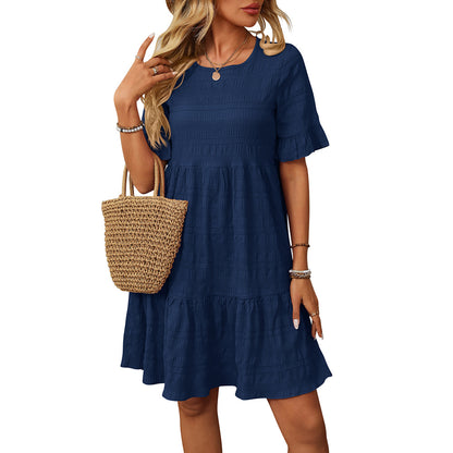 Textured Smocked Short Sleeve Tiered Midi Dress