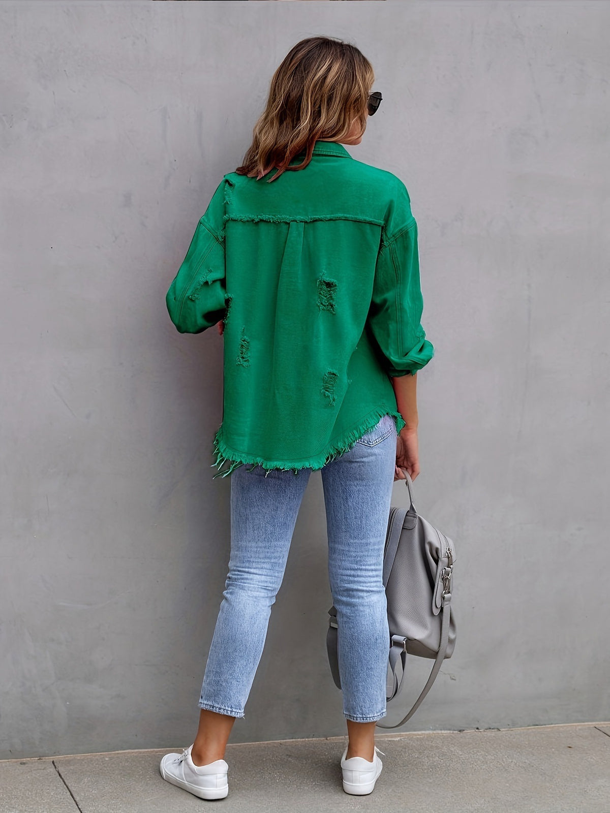 Women's Oversized Denim Jacket Distressed Frayed Hem
