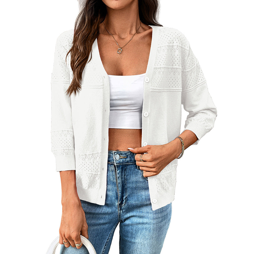 2025 Summer Hollow Knit V-Neck Cardigan with 3/4 Sleeves