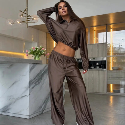 Women's Satin Zip Up Jacket Wide Leg Pants Two Piece Set