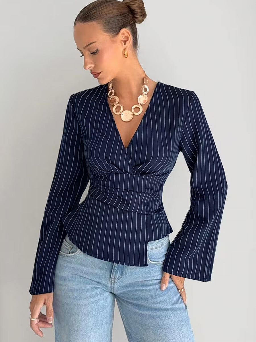 Striped V-Neck Long Sleeve Cinched Waist Blouse