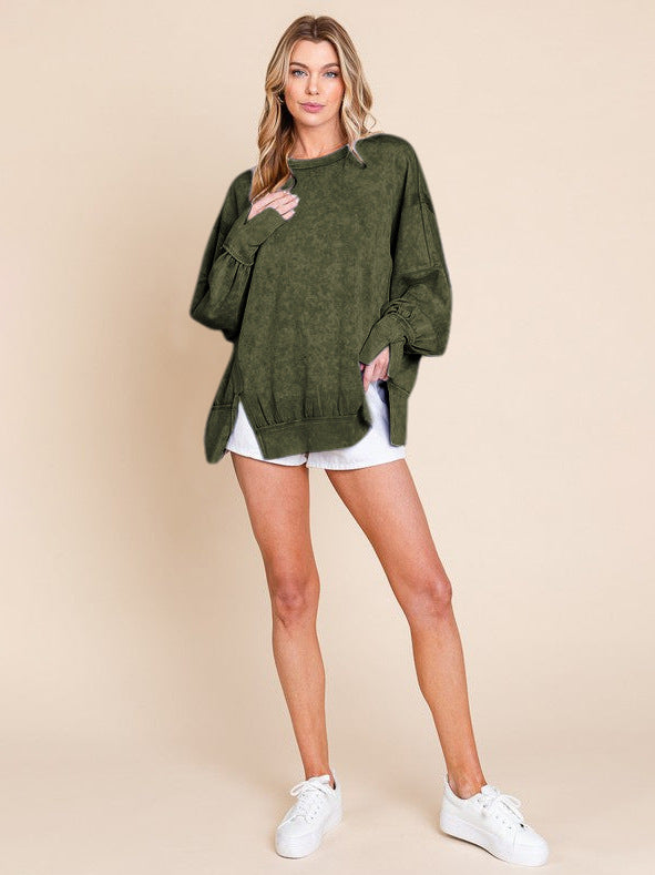 Acid Wash Oversized Sweatshirt Side Slit Drop Shoulder