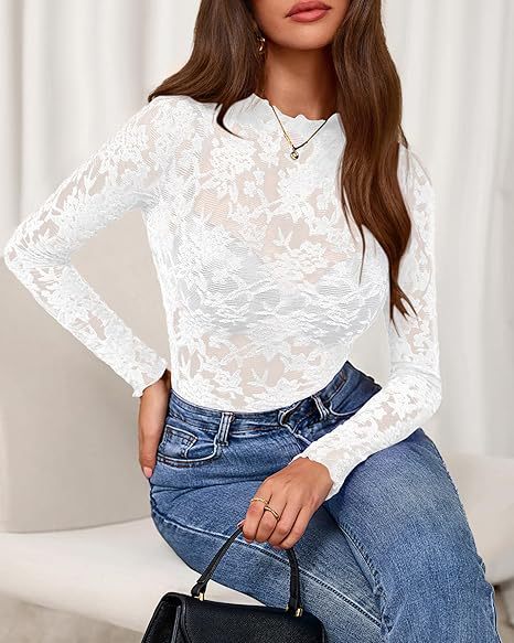 Sheer Lace Mock Neck Long Sleeve Fitted Top