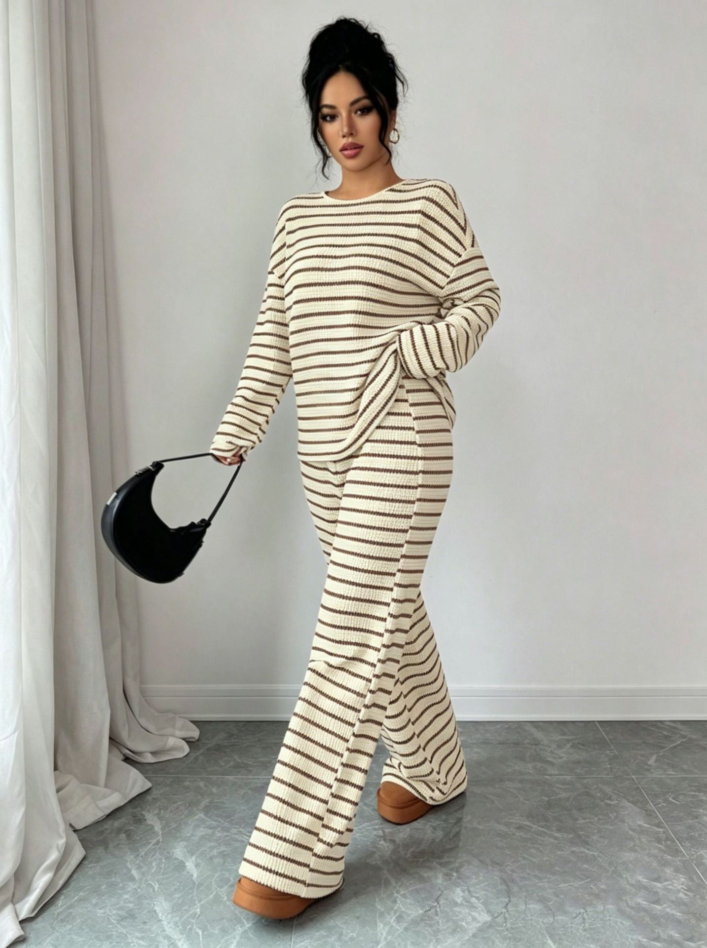 Stripe Knit Lounge Set Crew Neck Top and Wide Leg Pants