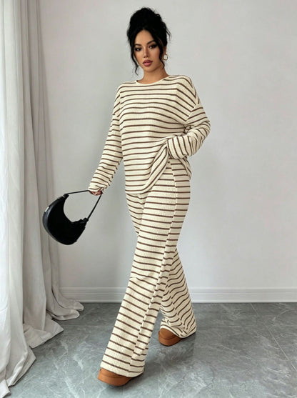 Stripe Knit Lounge Set Crew Neck Top and Wide Leg Pants