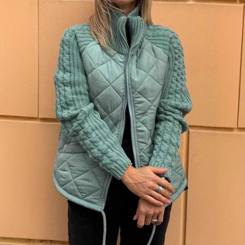 Women's Quilted Zip Jacket Cable Knit Sleeve Stand Collar