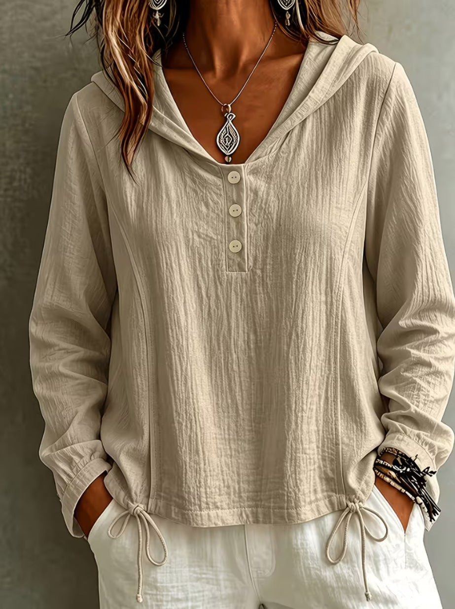 Women's Oversized Textured Hooded Henley Casual Top