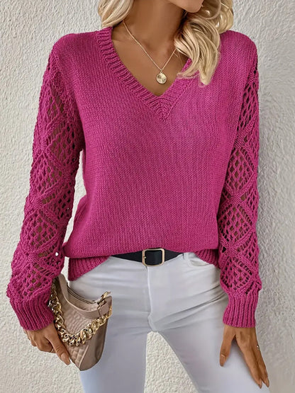 Women's V-Neck Crochet Sleeve Knit Sweater Casual Pullover