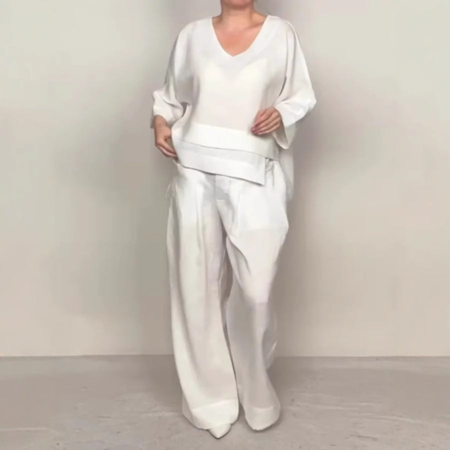 Plus Size Asymmetric Solid Matching Set Wide Leg Pants
