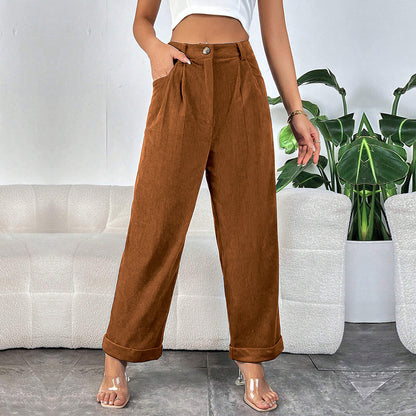 Corduroy High Waist Pants Wide Leg Pocket Trousers